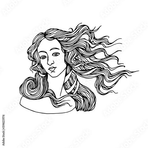 the head of goddess of love, from a painting by Botticelli, the birth of Venus, for a logo,  vector illustration with black contour lines isolated on white background in Doodle and hand drawn style