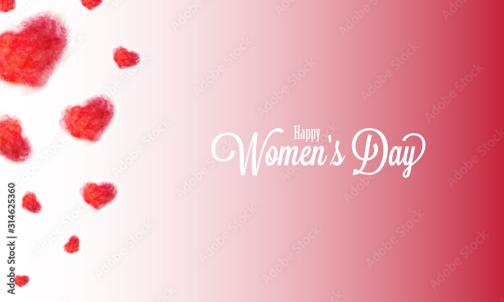 Calligraphy Happy Women's Day Text with Red Watercolor Hearts on Glossy Background.