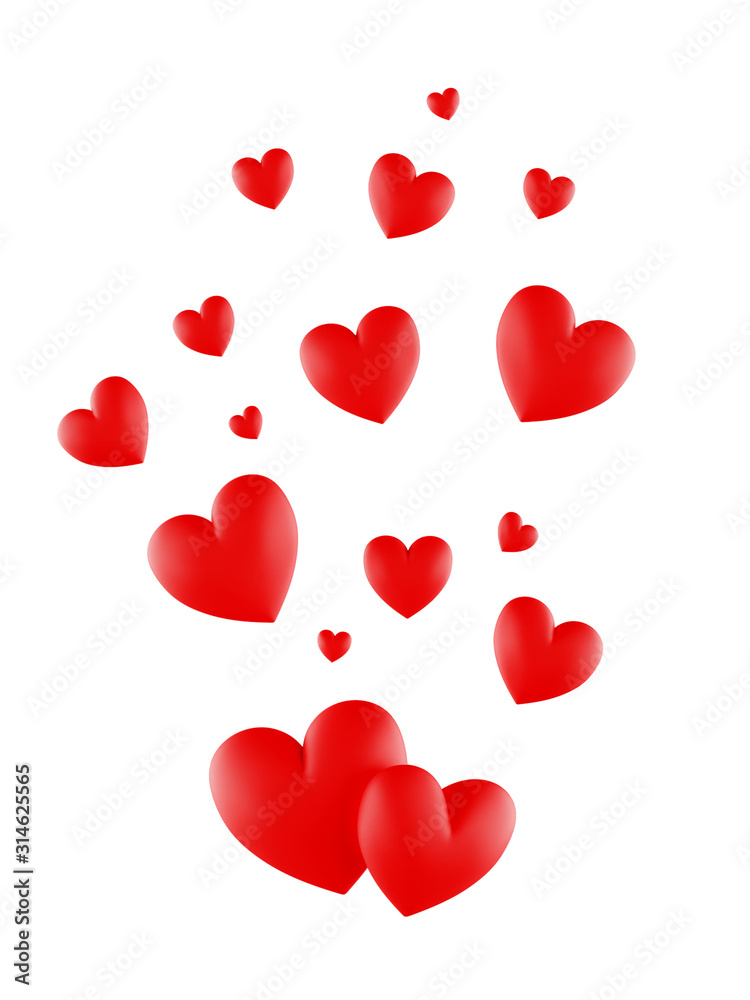 Many red hearts of various sizes are floating on the white back.3D render