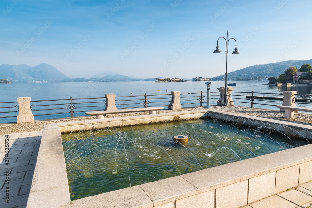 Lake Maggiore, Italy. Panorama from the town of Baveno with in the background Stresa (right); isola dei Pescatori (fishermen's island) and Isola Bella (beautiful island), in the center 