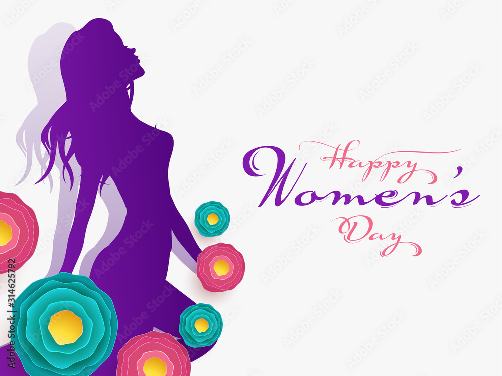 Silhouette Stylish Young Girl with Colorful Paper Cut Flowers for Happy Women's Day. Silhouette Stylish Young Girl with Colorful Paper Cut Flowers for Happy Women's Day.