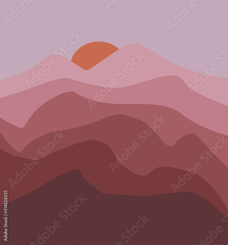 Sunrise behind the mountains. Vector illustration. Flat style. Beige palette. Might be used for posters, wallpaper, background. 