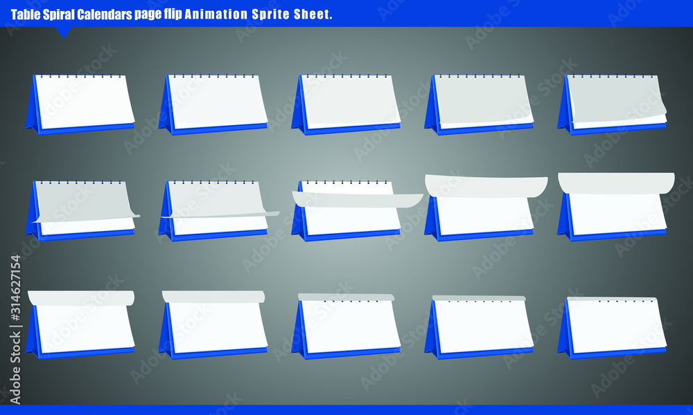 Blank table spiral calendar Page Flip Animation sprite sheet. Page Flip