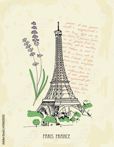 Retro postcard with Eiffel tower, lavender, text. Paris, France.