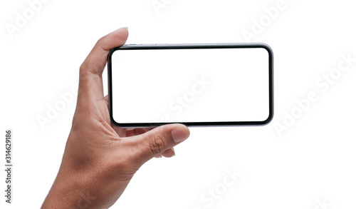 Hand holding Smartphone pro with white screen and modern design - isolated the black on white background for your web site design, logo, app  - include clipping path.