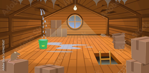 Interior flooded the wooden attic with boxes, a window, stairs and rats. Broken roof with leakage. Vector illustration of cartoon style.