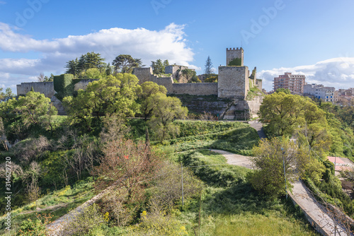 Lombardy Castle in Enna city on Sicily Island in Italy, view from Rock of Ceres