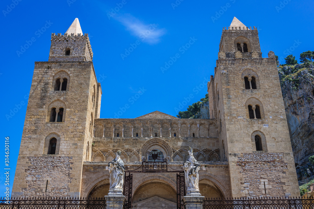 Exterior view of cathedral on the Old Town of Cefalu city on Sicily Island in Italy