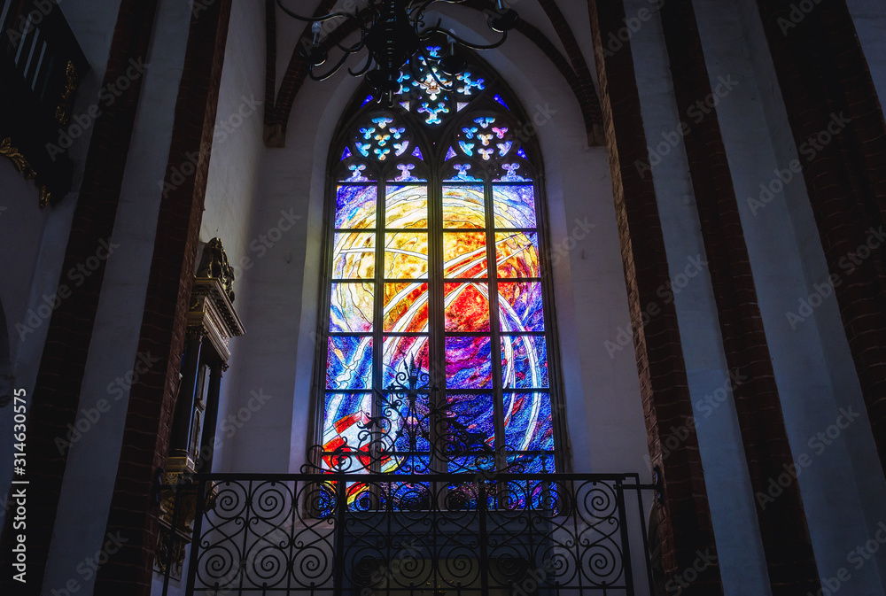 Stained glass window in Garrison Church - Basilica of St Elisabeth located in historic part of Wroclaw city, Poland