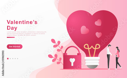 Vector illustration valentine. happy couple holding hands expressing love, the concept of heart shape lights with 3 signs of love, padlocks, plants. for banner landing page, app, frame. Flat cartoon