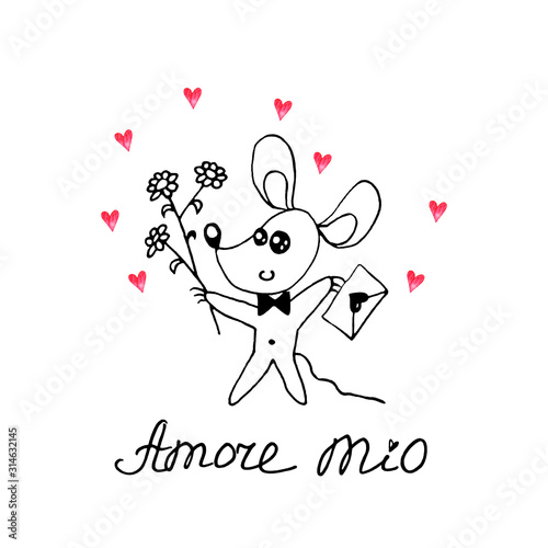 A simple cute contour mouse with a love letter, flowers. Amore mio. Doodle. Design element for greeting card, Valentine's Day, postcard, birthday, coloring book, prints, logo badges stationery web