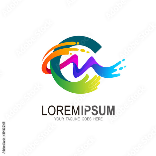 Logo of the CM letters , letter cm logo with wave and hand