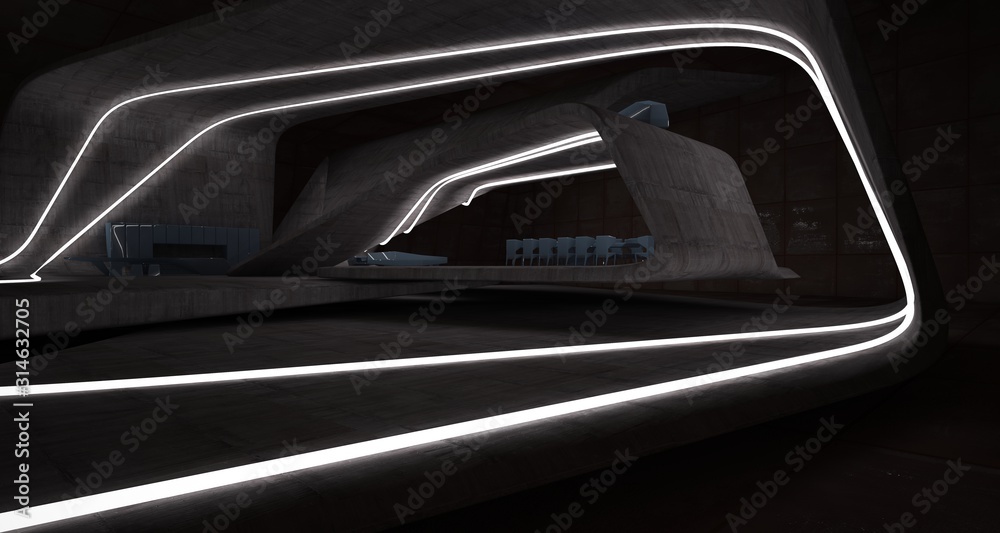 Abstract architectural concrete and rusted metal interior of a minimalist house with swimming pool and neon lighting. 3D illustration and rendering. Abstract architectural concrete and rusted metal interior of a minimalist house with swimming pool and neon lighting. 3D illustration and rendering.