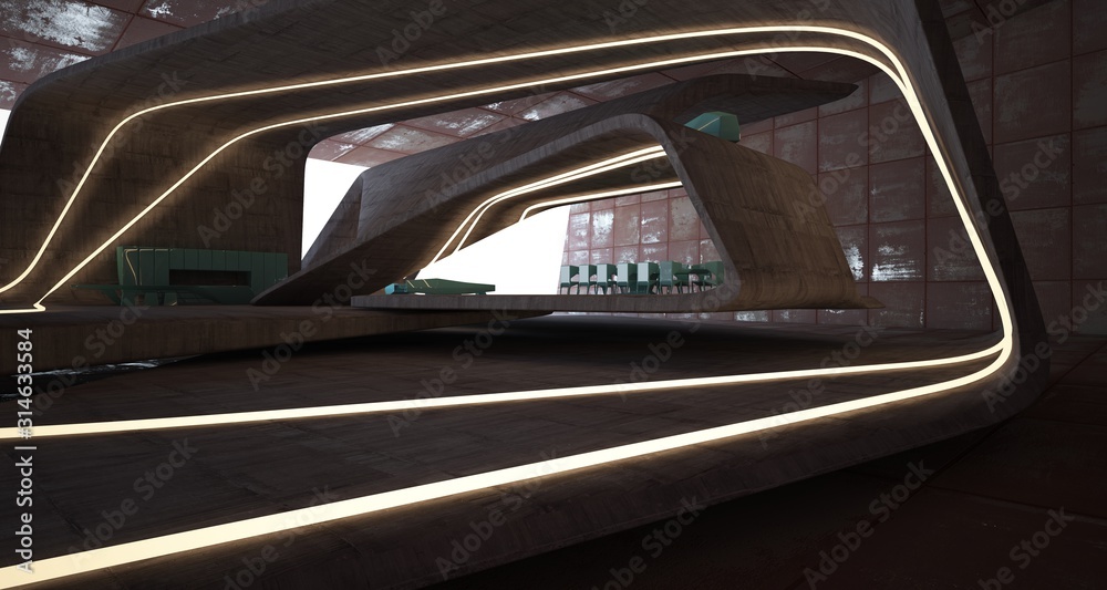 Abstract architectural concrete and rusted metal interior of a minimalist house with swimming pool and neon lighting. 3D illustration and rendering.