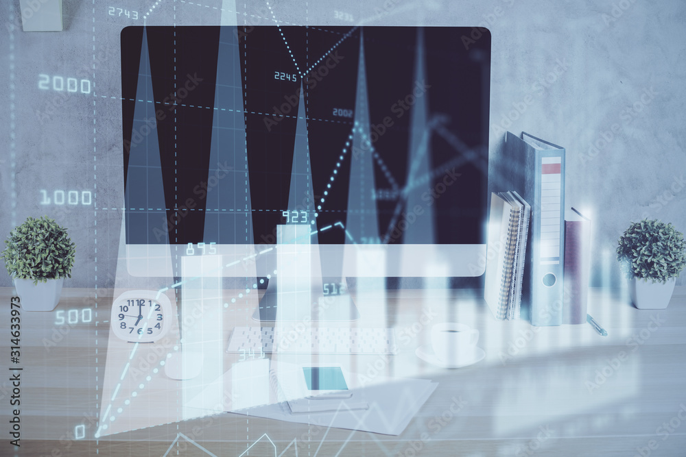 Forex graph hologram on table with computer background. Double exposure. Concept of financial markets. Forex graph hologram on table with computer background. Double exposure. Concept of financial markets.