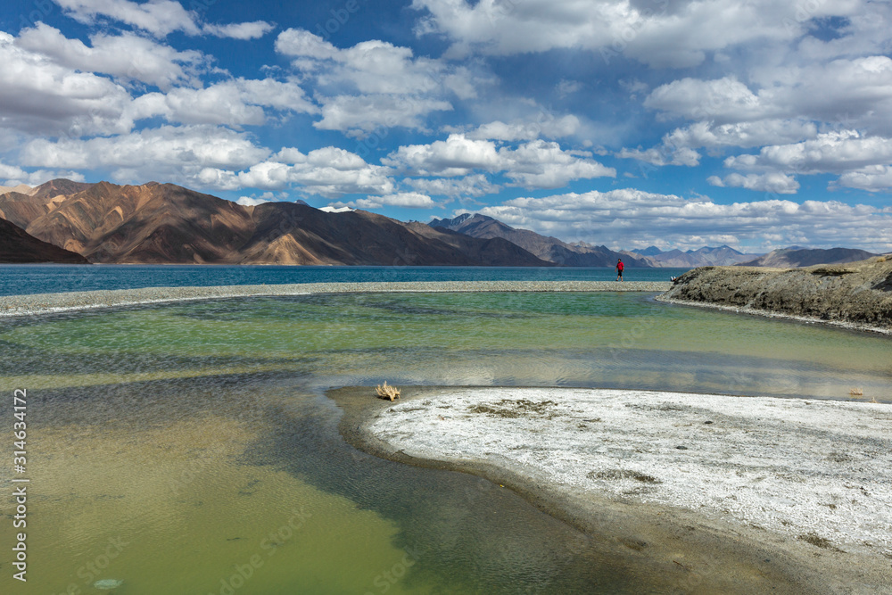 Colourful water of Pangong lake, Ladakh, India, Asia