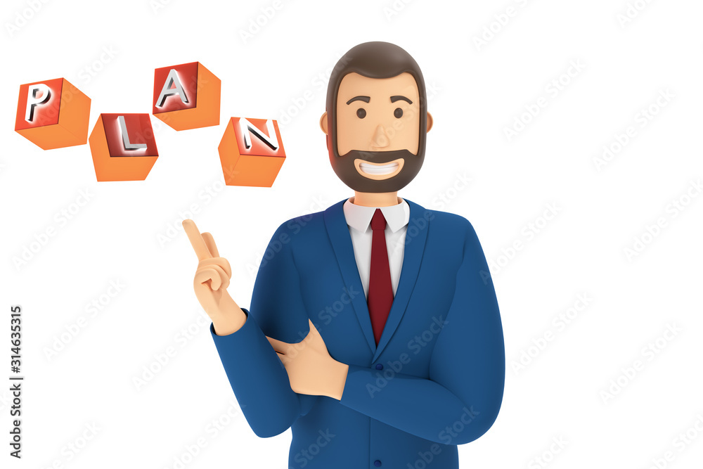 Cartoon character, businessman in suit with pointing finger at an plan. Concept icon with plan. 3d rendering Cartoon character, businessman in suit with pointing finger at an plan. Concept icon with plan. 3d rendering