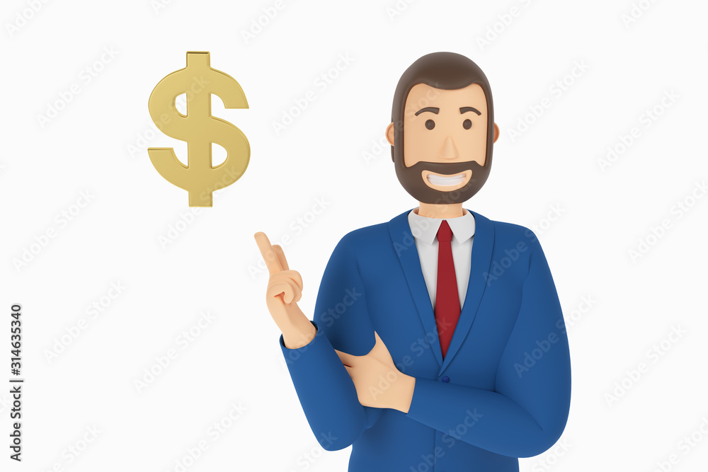 Cartoon character, businessman in suit with pointing finger at an gold dollar. Business concept money icon. 3d rendering Cartoon character, businessman in suit with pointing finger at an gold dollar. Business concept money icon. 3d rendering