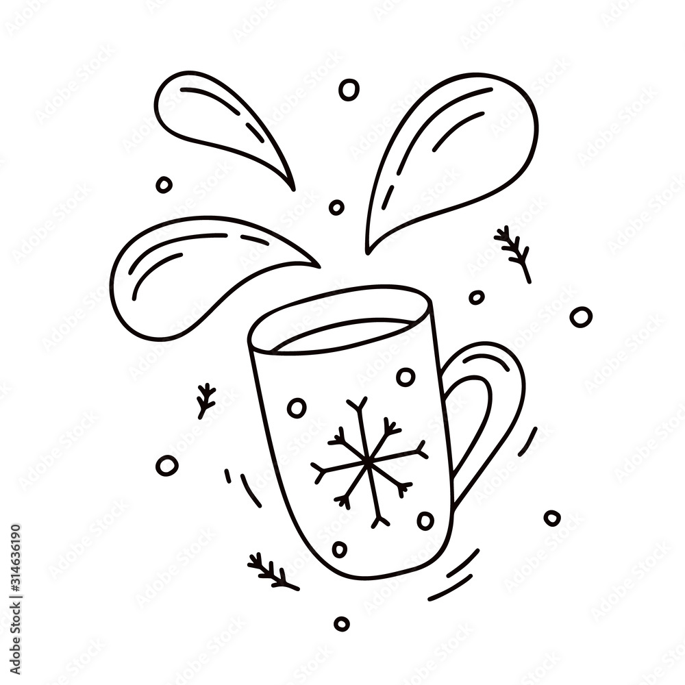 Cartoon Cup With Isolated Spray Contour Mug With Hot Chocolate Cocoa Tea Or Coffee Hand Drawn Vector Concept Outline Doodle Illustration For Poster Black And White Line Art Image Stock Vector