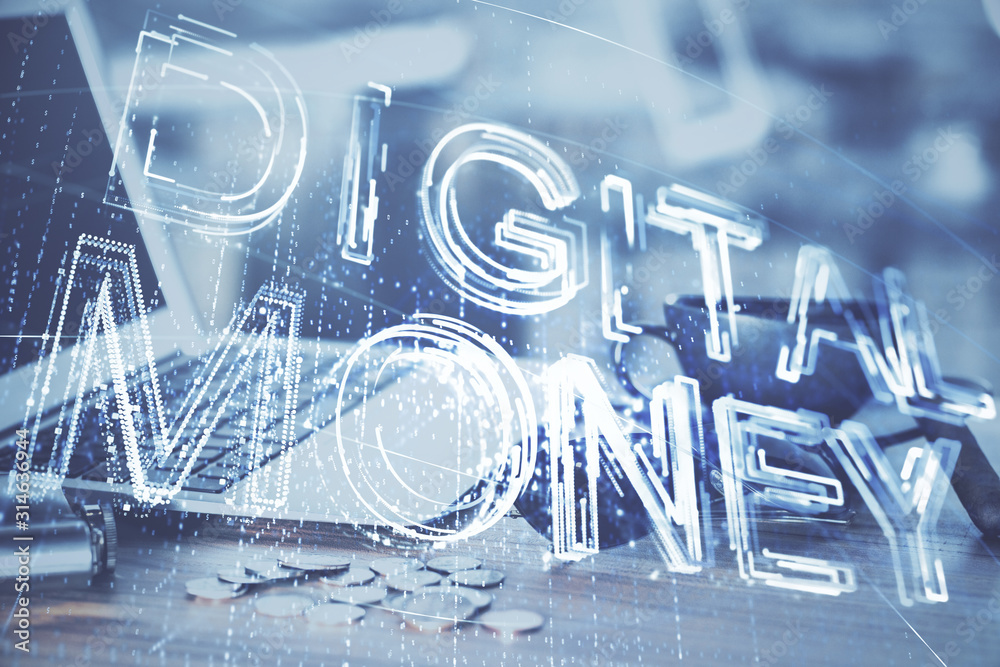 Double exposure of blockchain theme hologram and table with computer background. Concept of bitcoin crypto currency.