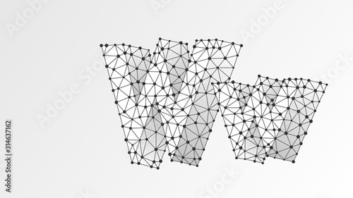 Alphabet letter W. Abstract digital wireframe, low poly mesh, Raster white origami 3d illustration. Design of an Uppercase and lowercase english letters. Banner, template or a pattern. Line, dot