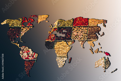 Roughly outlined world map with veraity of spice filling photo