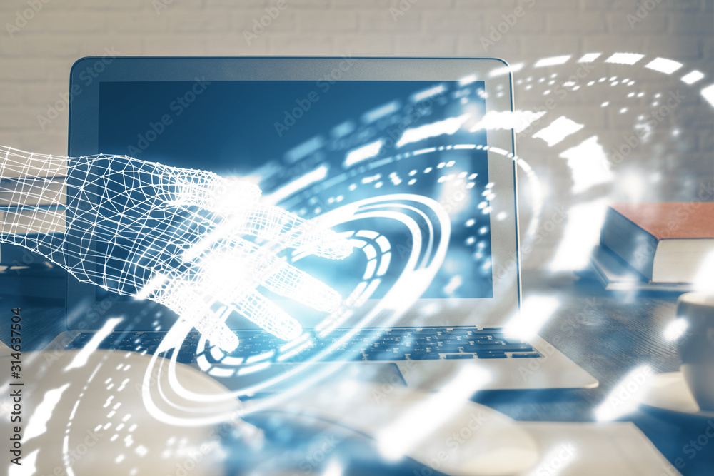 Multi exposure of computer on background and technology theme drawing. Concept of innovation. Multi exposure of computer on background and technology theme drawing. Concept of innovation.