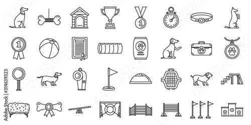Dog training course icons set. Outline set of dog training course vector icons for web design isolated on white background