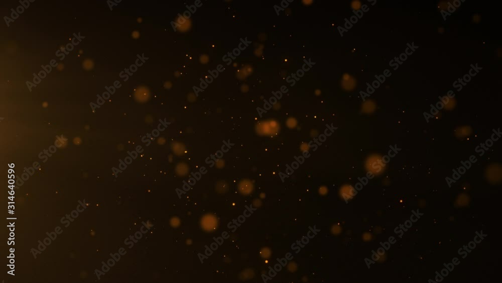 gold particles abstract background with shining golden Floating Dust Particles Flare Bokeh star on Black Background in Slow Motion. Futuristic glittering fly movement flickering loop in space.