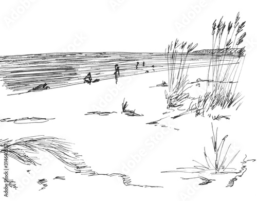 Canvas Print black and white graphic drawing of sand dunes on the seashore