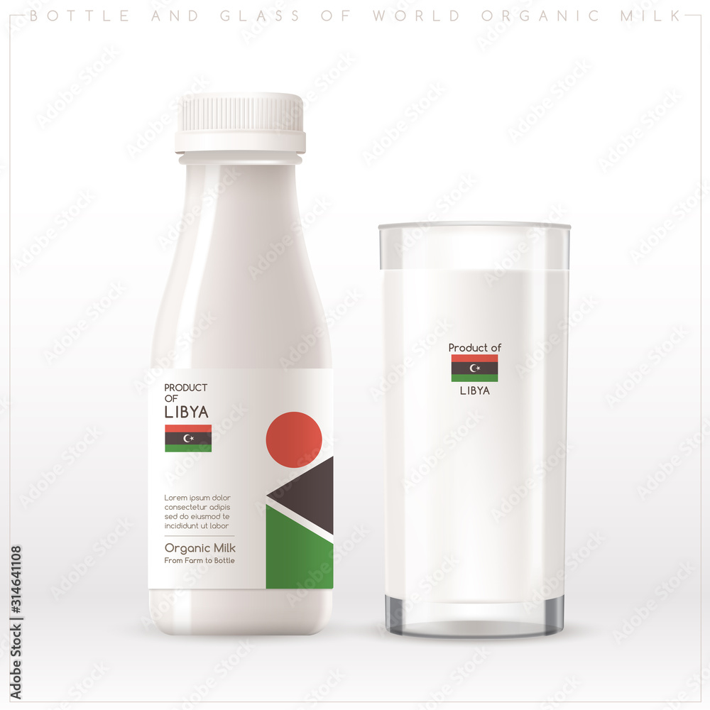 Bottle and glass of world organic milk with geometrical pattern on the label isolated on white background : Vector Illustration Bottle and glass of world organic milk with geometrical pattern on the label isolated on white background : Vector Illustration