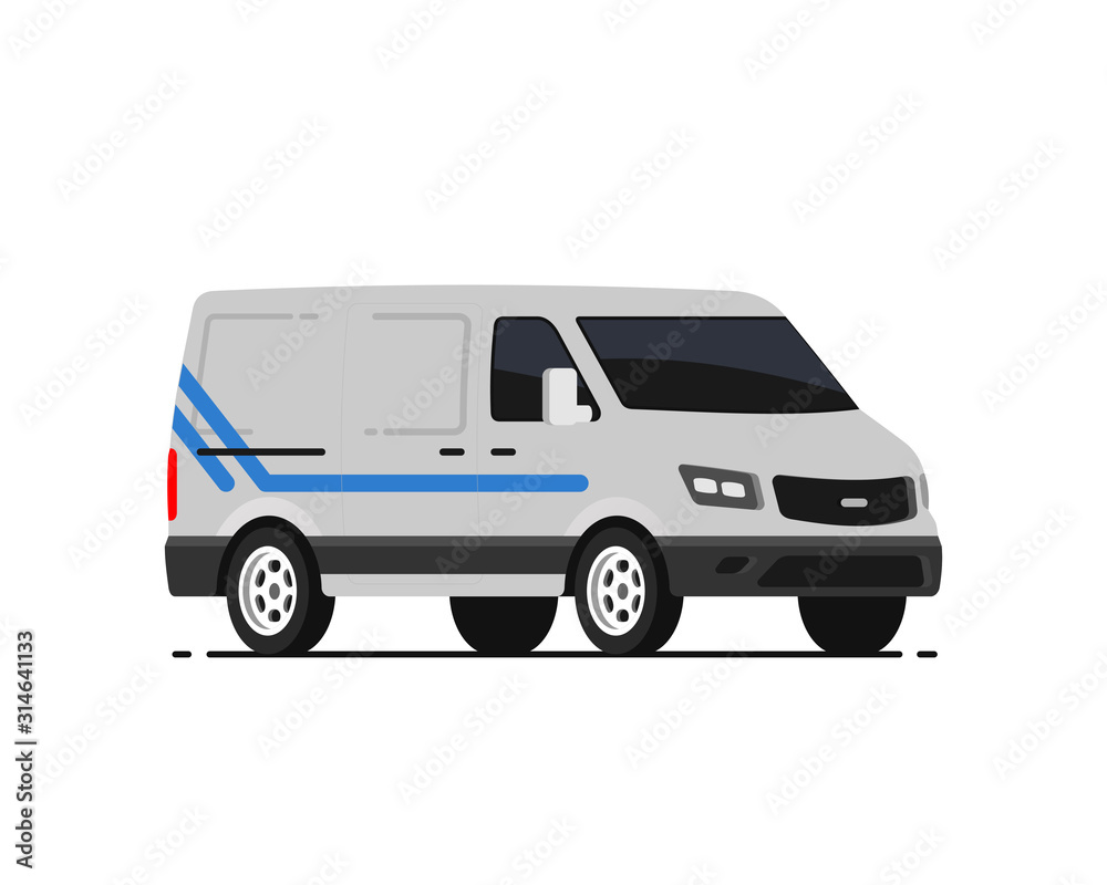 White industrial van. Truck for transportation of goods. Side view. Vehicle for delivery, shown from different sides. Delivering services and express delivery truck. Vector illustration in flat style. White industrial van. Truck for transportation of goods. Side view. Vehicle for delivery, shown from different sides. Delivering services and express delivery truck. Vector illustration in flat style.