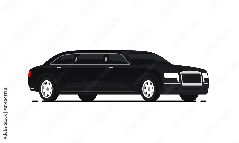 Black limousine vector illustration. Isolated on white background. Limousine service concept. Side view.
