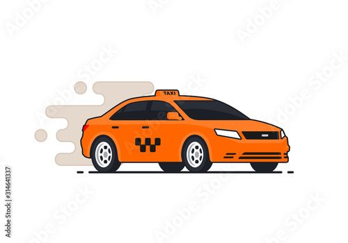 Car taxi rides around city. Yellow cab side view. Pictogram isolated on white background. Vector illustration in flat style.