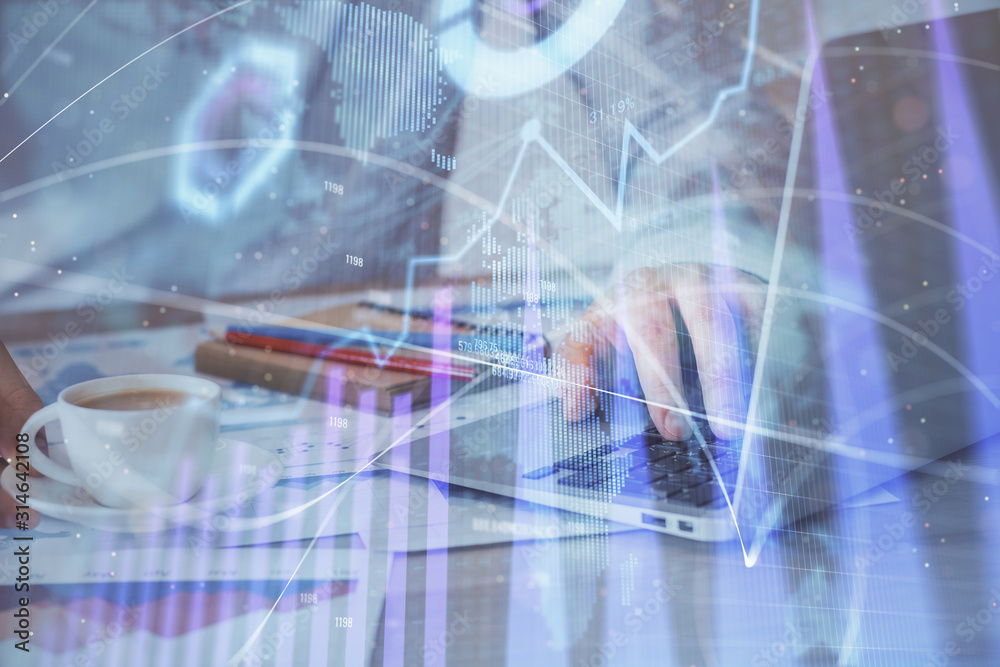 Forex graph with businessman working on computer in office on background. Concept of hardworking. Multi exposure. Forex graph with businessman working on computer in office on background. Concept of hardworking. Multi exposure.