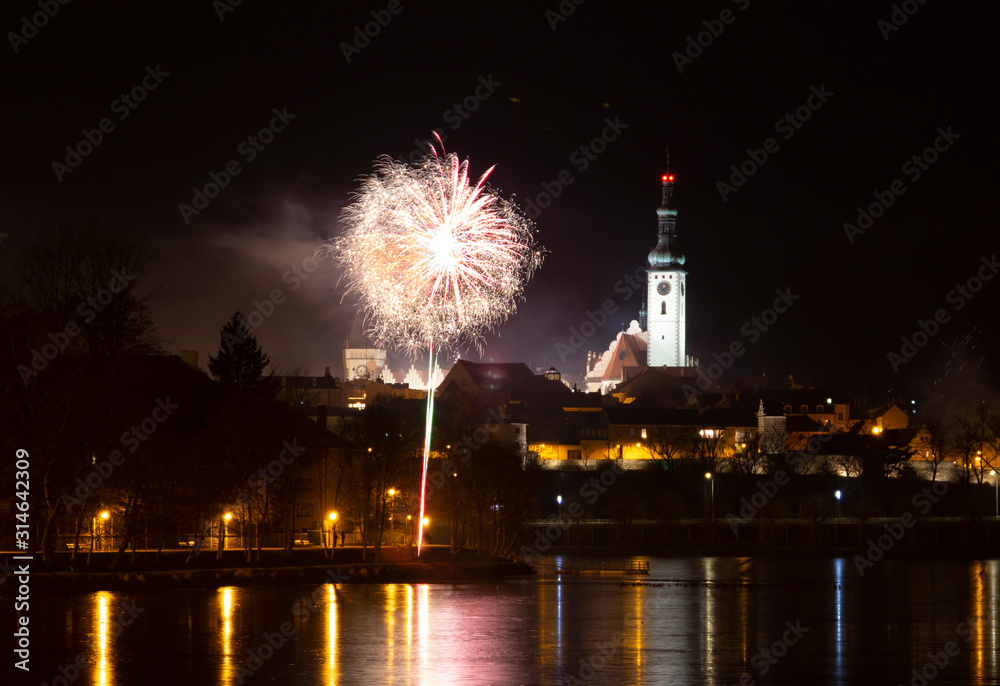 New Year celebration, fireworks in Tabor, Czech Republic.