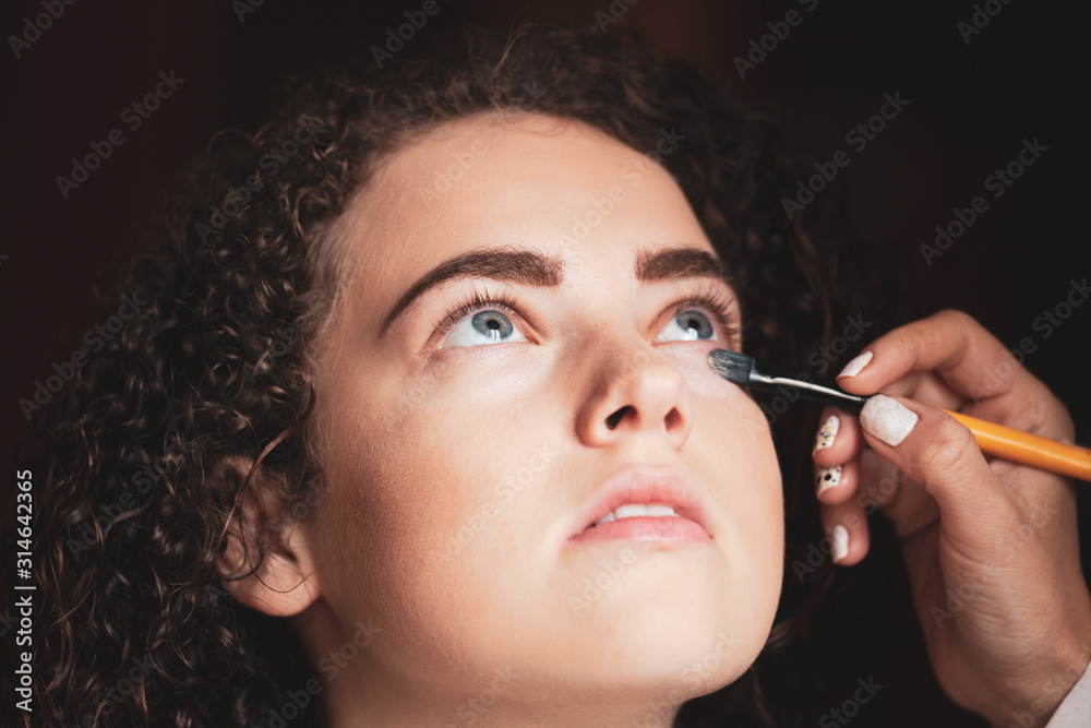 Obraz premium The work of a professional makeup artist. Closeup portrait of beautiful woman getting professional make-up with brush.