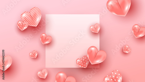 Creative minimal composition with a pattern of pink balloon hearts flying in the air around a paper frame on a pink background