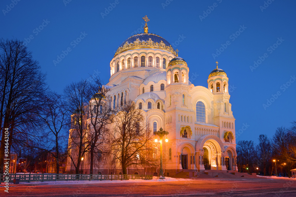 Ancient St. Nicholas Naval Cathedral in March twilight. Kronstadt, Russia
