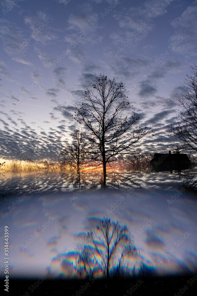 Fototapeta premium Impressive sunset with spectacular clouds and silhouettes of trees