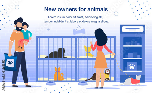 New Owners for Homeless Animals in Shelter Trendy Flat Vector Promotion Banner, Poster Template. Family with Child, Parents with Daughter Choosing, Adoption Pet from Stray Animals Shelter Illustration