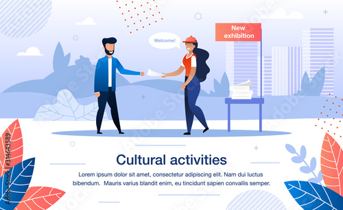 Volunteering on Cultural Activities Trendy Flat Vector Banner, Poster Template. Female Volunteer, Museum Worker Promoting New Exhibition with Flyers, Giving Leaflets to Man or Tourist Illustration