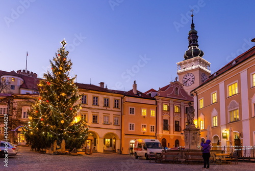 Night square in Mikulov with christmas tree, South Moravia, Czech Republic.