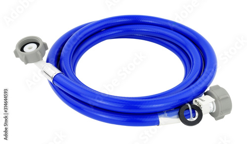 Εκτύπωση καμβά Washing machine blue cold water inlet hose with clamped fittings, isolated on a