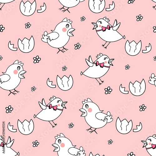 Seamless pattern with white chick's, flowers.Happy Easter template. Pastel child print