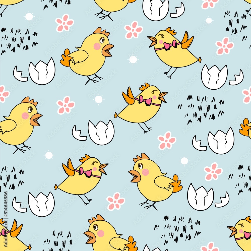 Seamless pattern with yellow chick's, flowers.Easter template. print on fabric,textile.Vector