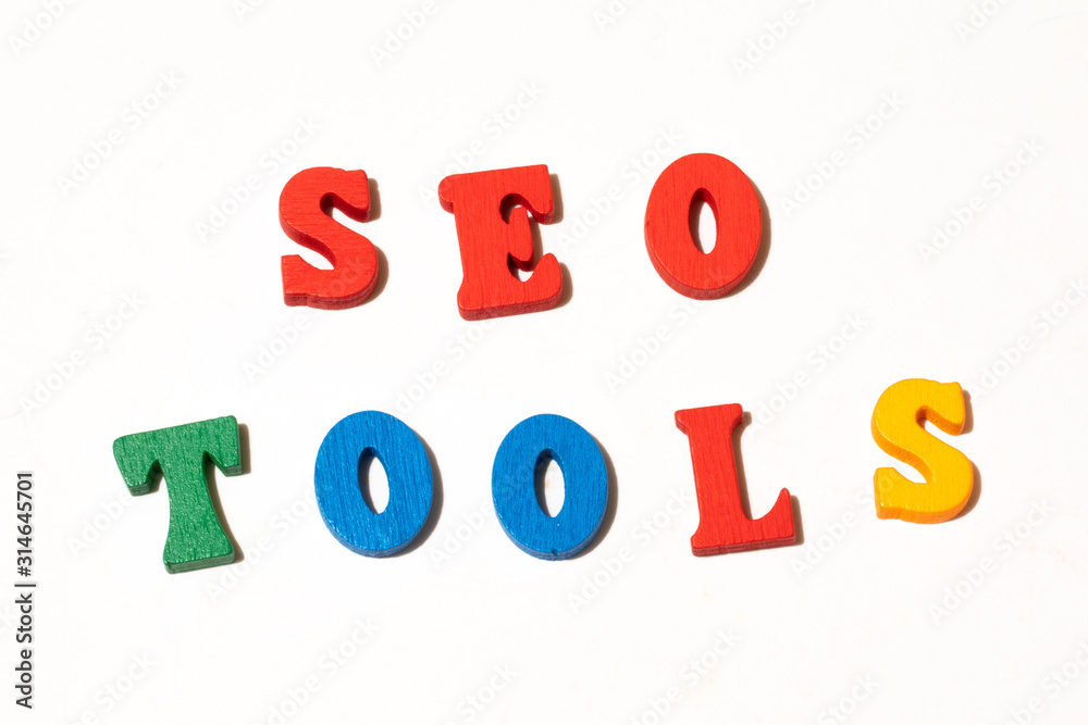 Word SEO tools letter board on white background. Flat lay for illustration Word SEO tools letter board on white background. Flat lay for illustration