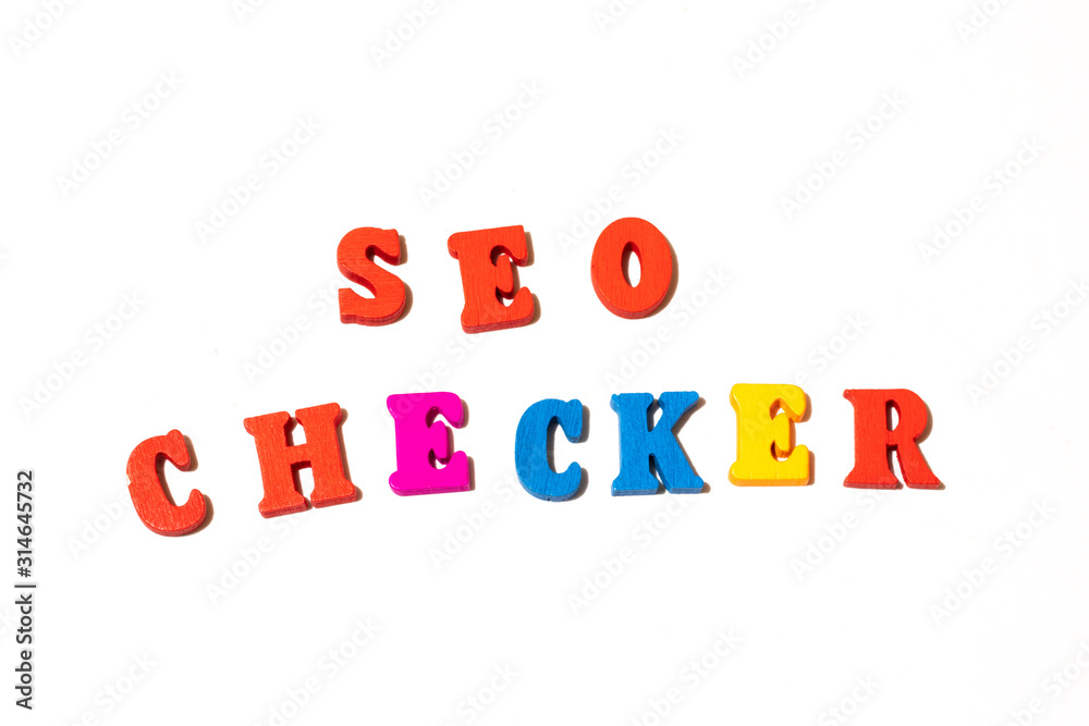 Word SEO checker letter board on white background. Flat lay for illustration Word SEO checker letter board on white background. Flat lay for illustration