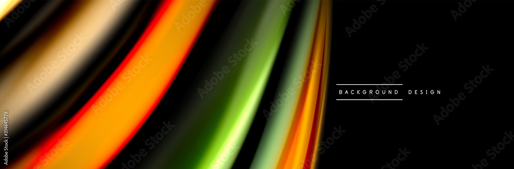 Silk and smooth flow wave poster design. Color waves, liquid style lines and shapes in black color background Silk and smooth flow wave poster design. Color waves, liquid style lines and shapes in black color background