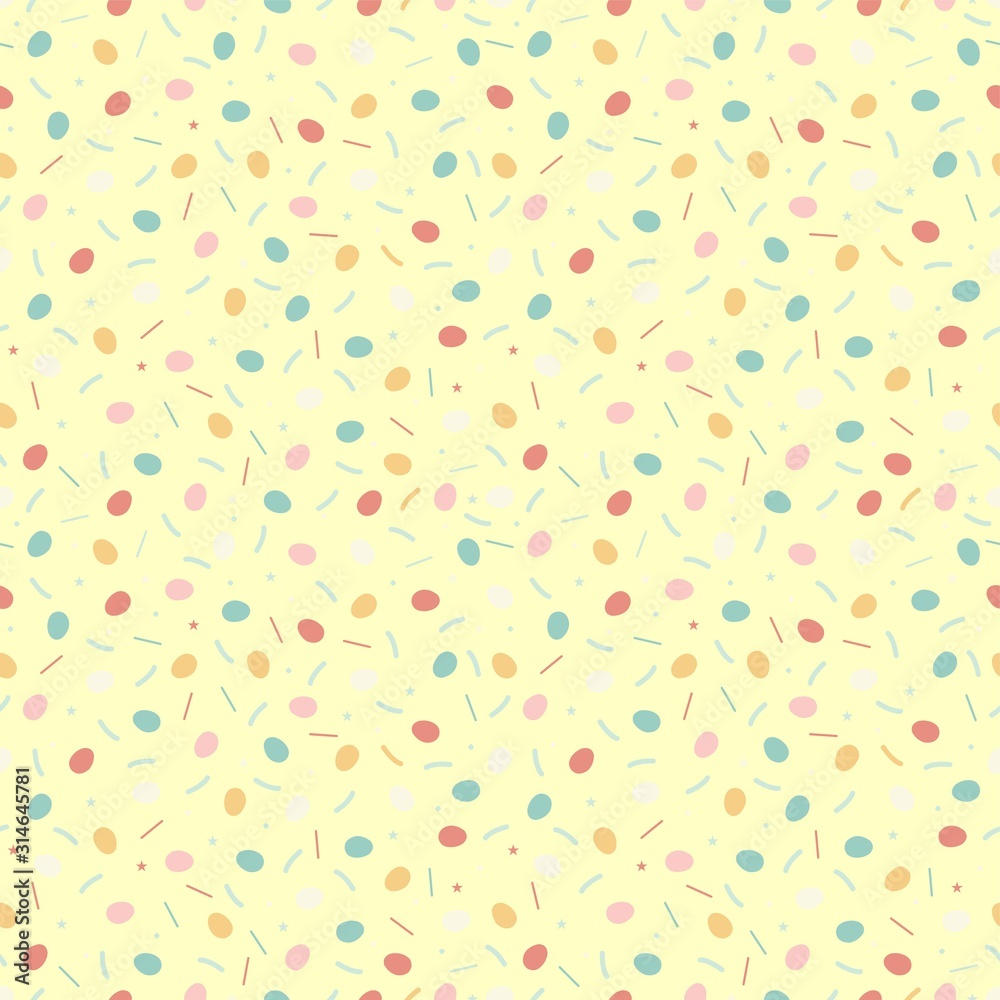 Easter yellow seamless pattern with little eggs and colorful sprinkles isolated on black background. Easter yellow seamless pattern with little eggs and colorful sprinkles isolated on black background.